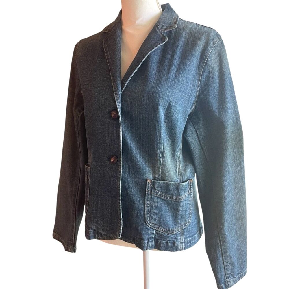 Vintage GAP Denim Blazer Jacket Sz 14 Tailored Stretch Jean Pockets Classic Fit